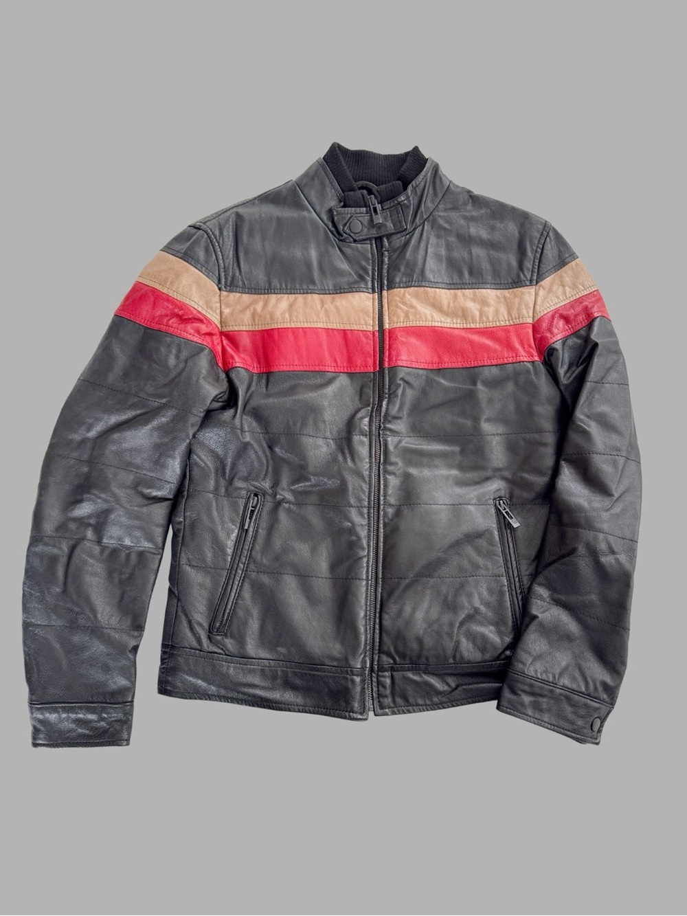 Vintage Cafe Racer Moto Leather Jacket with Red & Tan Chest Stripes - Picture 14 of 14